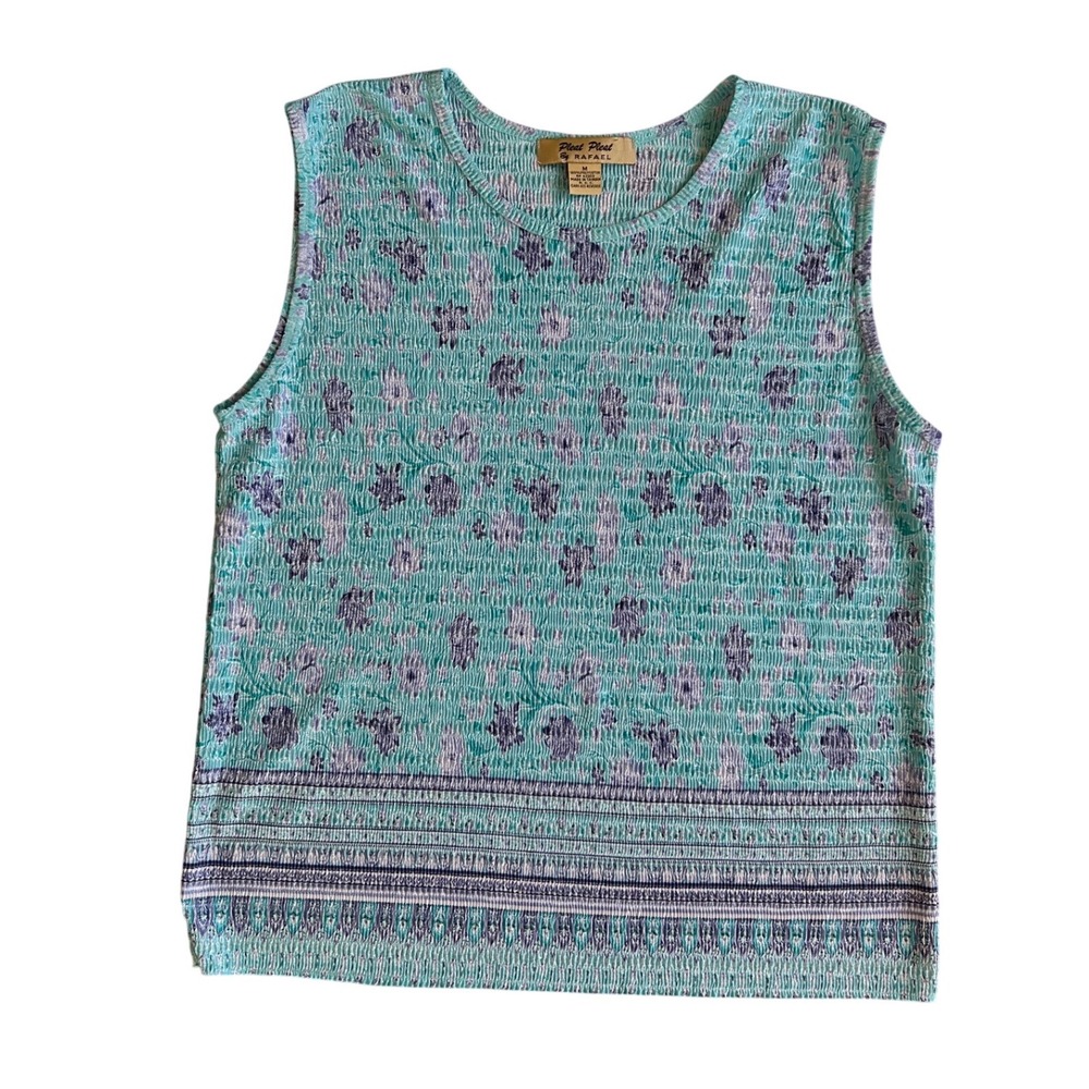 Vtg Pleated Crinkle Floral Sleeveless Top Teal Purple M coastal 90s coquette y2k